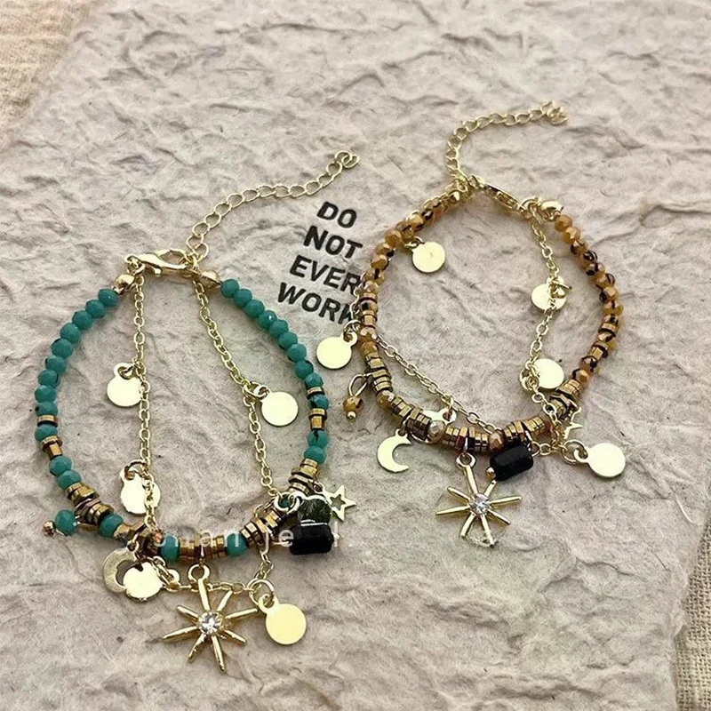 Vintage Natural Stone Double Layered Beads Bracelets For Women Fashion Metal Mang Star Pendant Bracelets Charm Jewelry Gifts