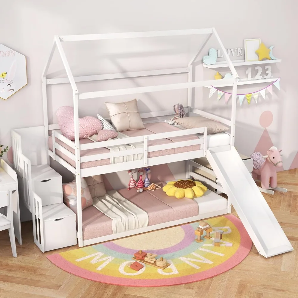 

House Bunk Bed Over Twin with Slide and Storage Stairs Solid Wood Low Loft Bed Frame with Roof Guardrail,House Bunk Beds for Kid