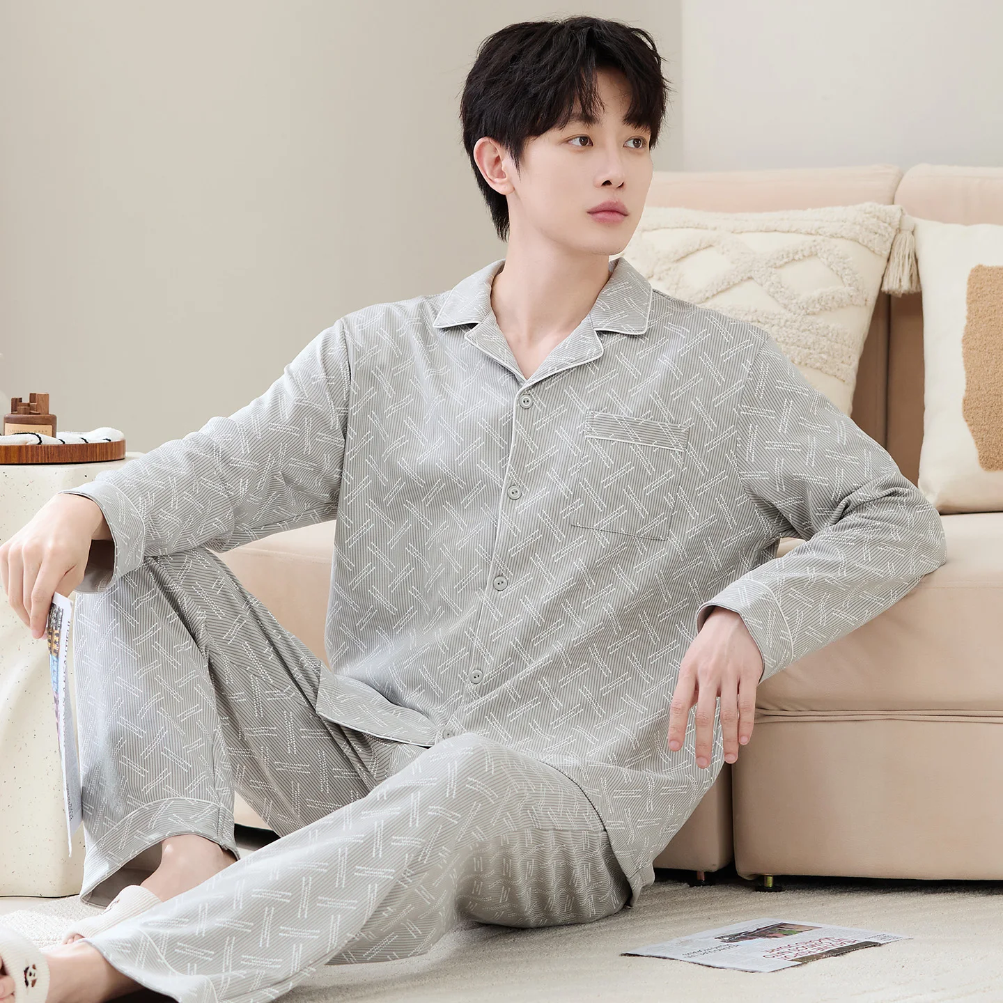 

Big Size L-5XL Cotton Men's Pajamas 2Pcs/set Nightwear Long Sleeves Sleeping Top Pant Home Clothes Male Cardigan Sleepwear