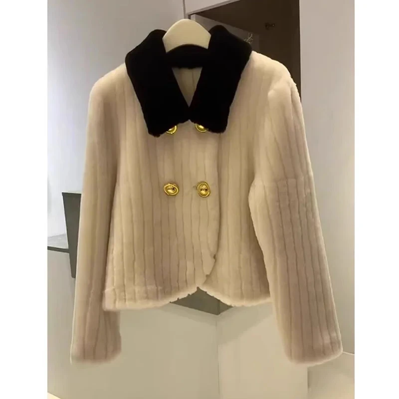 Autunno inverno giacca corta in Cashmere di agnello per donna cappotto di pelliccia francese piccola fragranza sensazione di fascia alta con risvolto spesso e caldo femminile