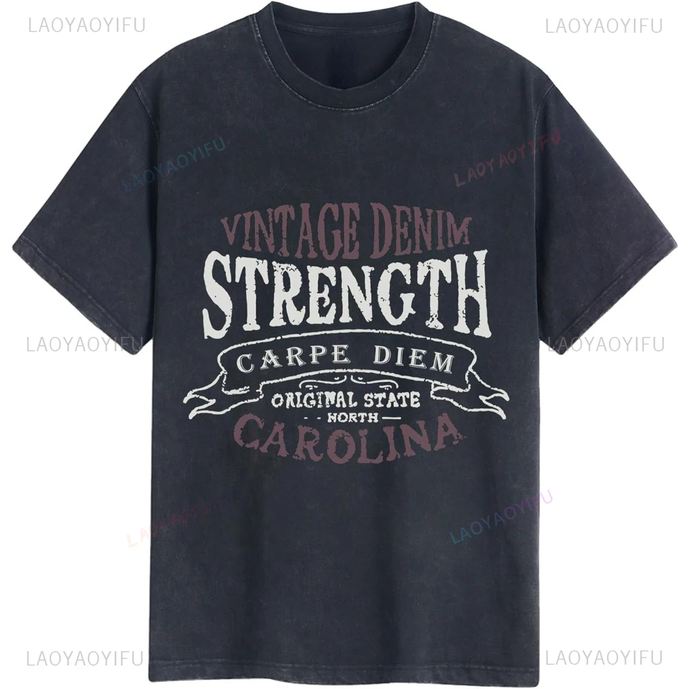 New Vintage Denim Strength Carolina  Printed Tees Fashion Casual Streetwear Hip-hop Hipster Loose O-neck Hot Sale Tops Tshirt