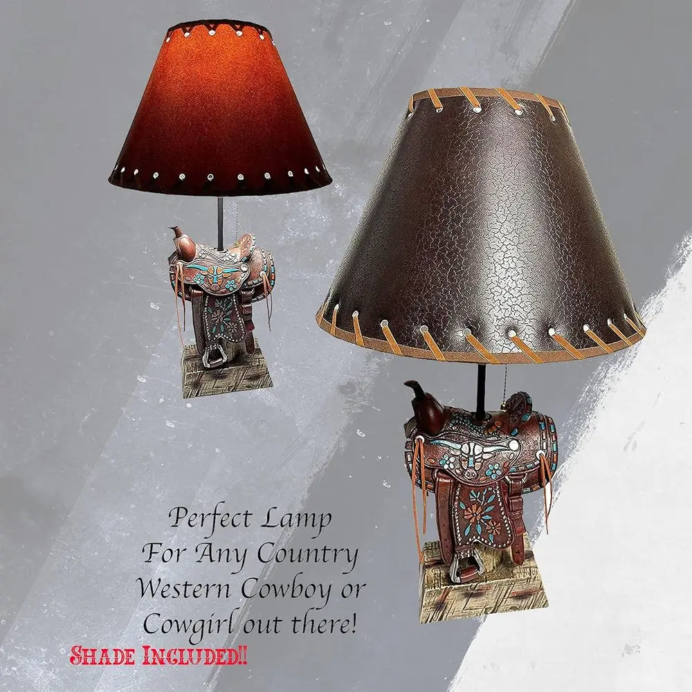 Western Brown and Teal Longhorn Cowboy-Style Home Decor Table Lamp for Living Room, Nightstands, and Bedrooms view 3