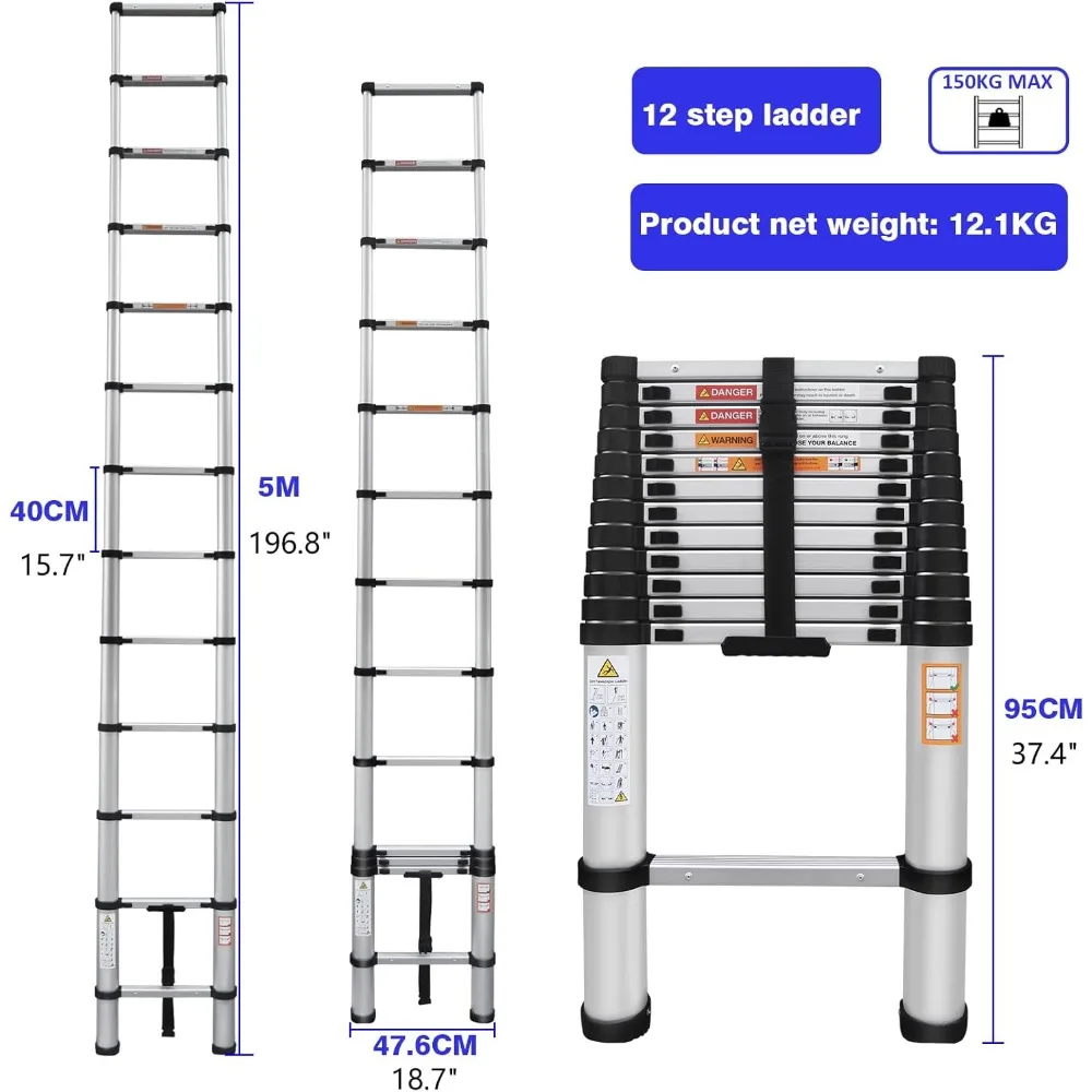 Collapsible 16-Foot Aluminum Extension Ladder for Attic Access, RV, Outdoor, and Home Use with 330lb Load Capacity