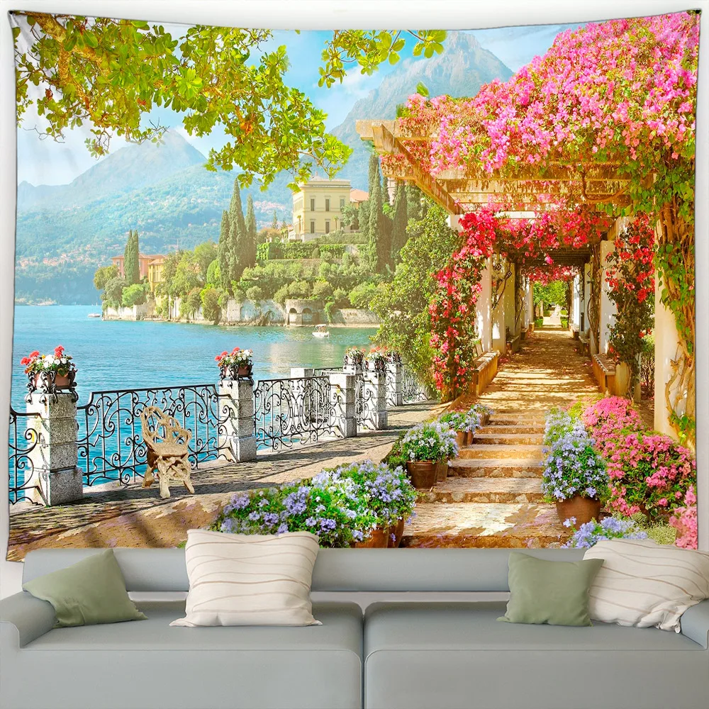 Seaside Landscape Tapestry Pink Flowers Plant Trees European Style Ocean Scenery Garden Wall Hanging Home Living Room Decoration