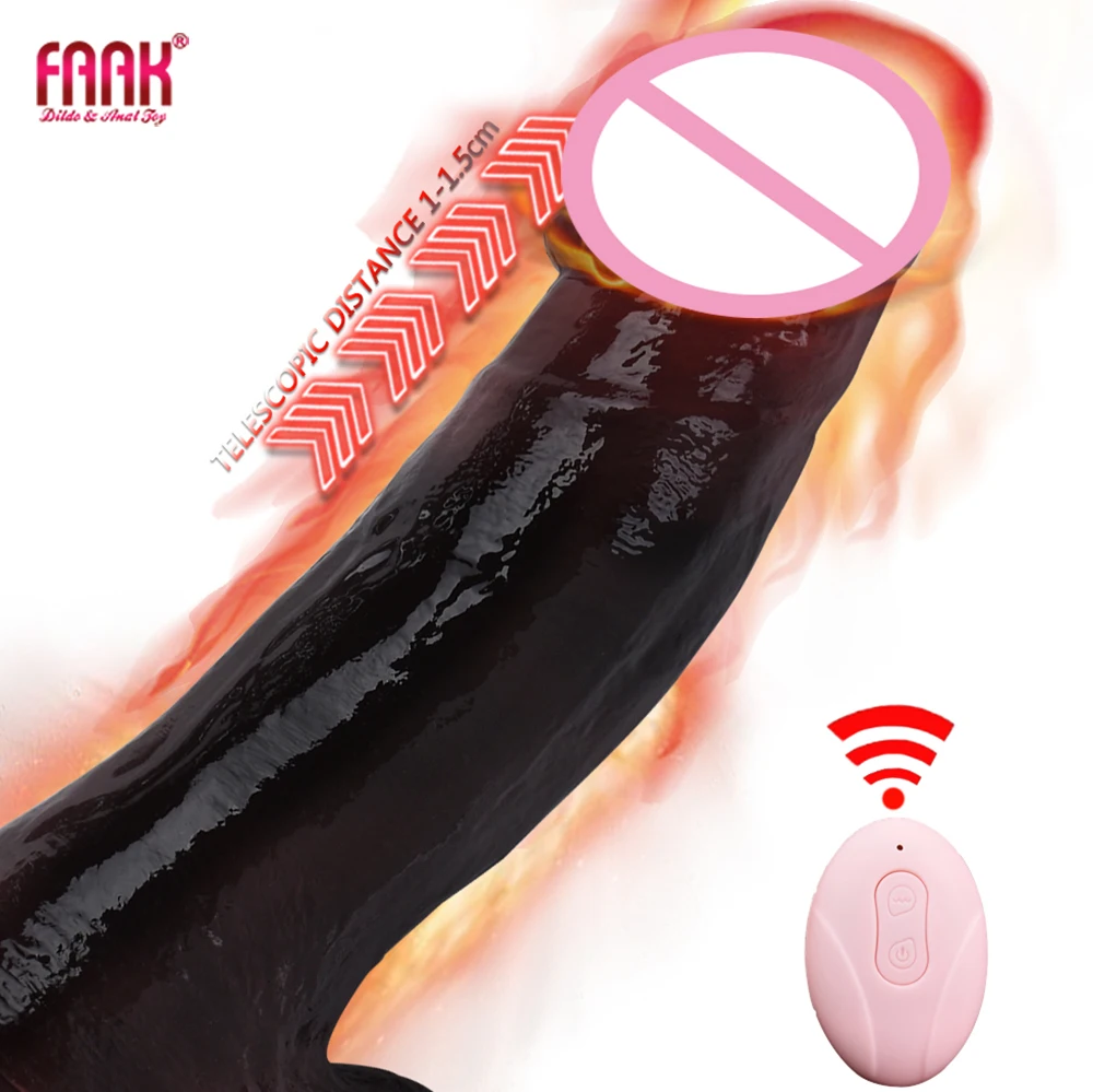 FAAK Silicone Realistic Telescoping Thick Black Dildo Wireless Control Vibrating Penis Anal Sex Toys with Suction Cup  For Women