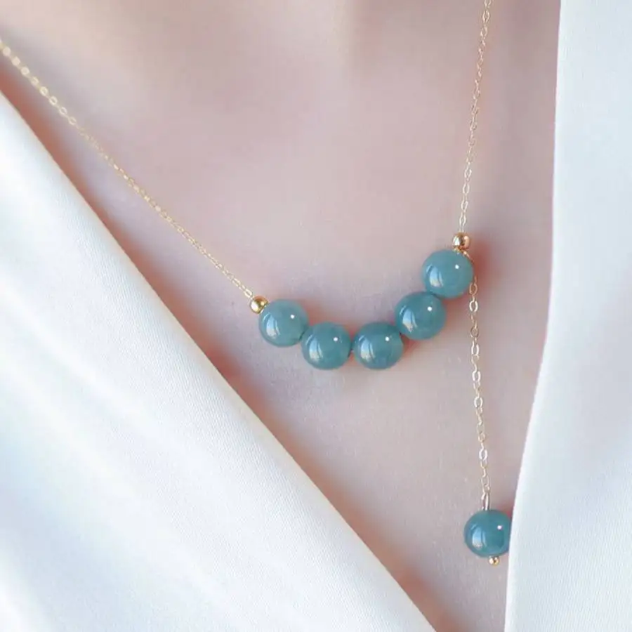 Handmade Genuine Burmese Blue Jade Beaded Adjustable Necklace Gold Tone Chain Fashion Jewelry Gift for Her