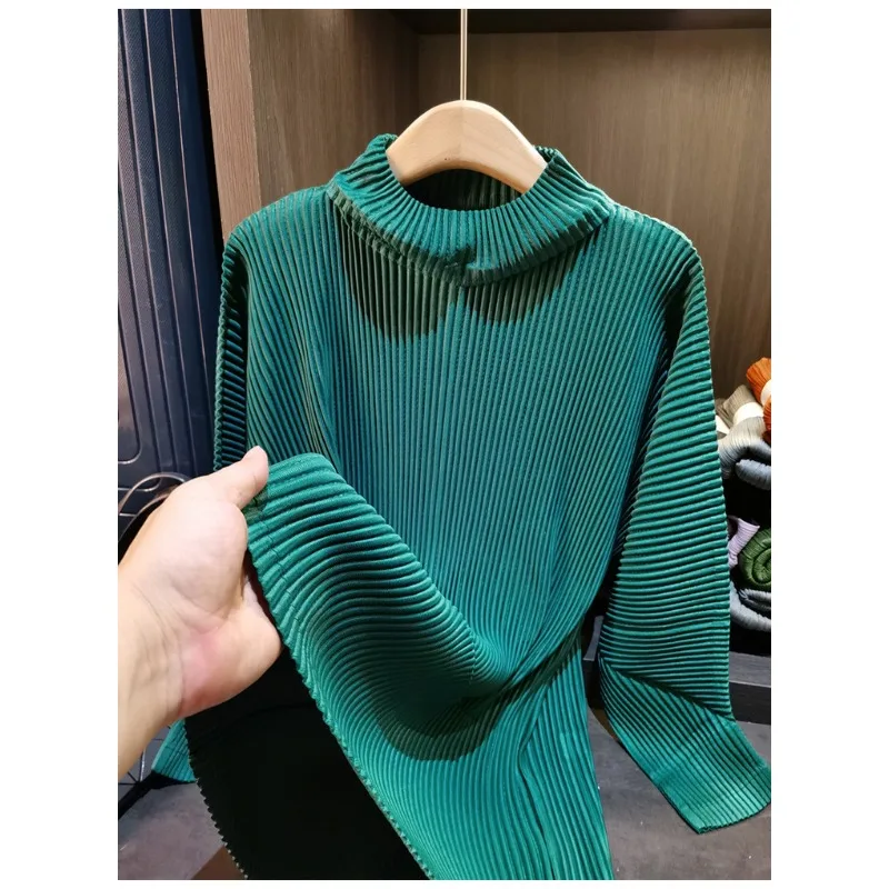 

Miyake женский пуловер-толстовка плиссированная новая однотонная свободная футболка с баской и длинными рукавами с воротником-стойкой и карманами женские топы