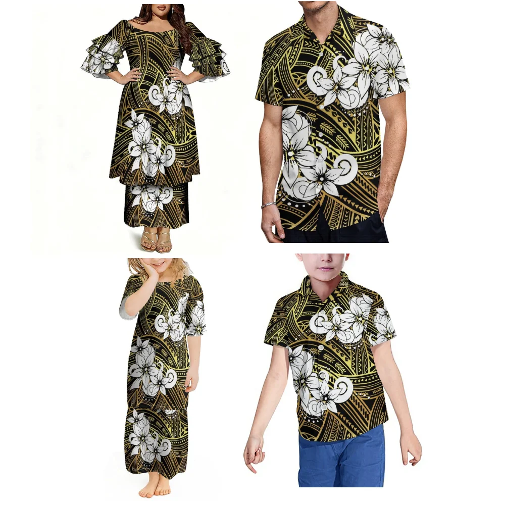 

Polynesian Custom Printed Women'S And Girls' Suit Dress - Fashionable And Casual Family Wear - Men'S Boys' Short-Sleeved Shirt