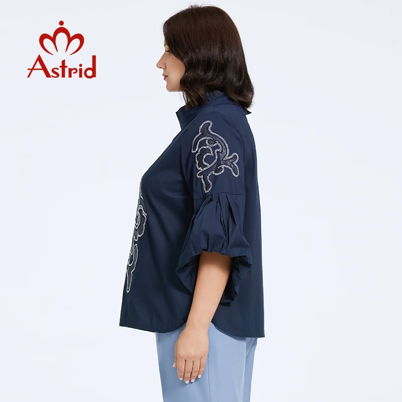 Astrid Women\'s T-shirt Plus Size Loose Cute Top Female Dating Tee Blouse Flared Sleeve Stand-Up Collar Diamonds Fashion Clothing