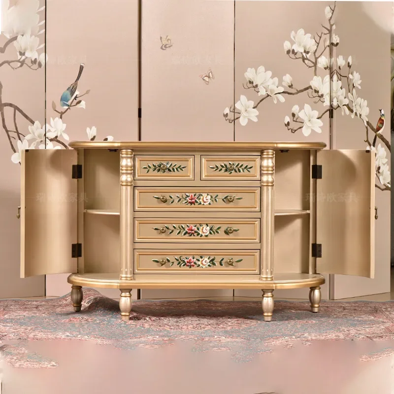 for European American Rural Solid Wood Five Drawer Entrance Cabinet Foyer Hand Painted Semi Round Storage Cabinet