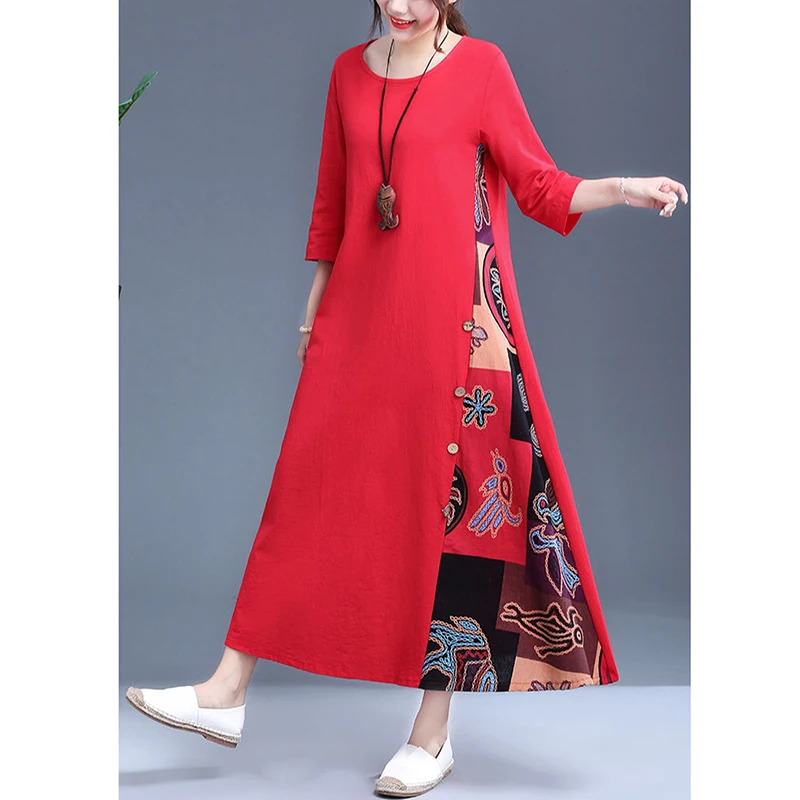 

Fashion O-Neck Printed Button Spliced Asymmetrical Casual Dresses Women's Clothing Summer New Loose Office Lady Long Dress