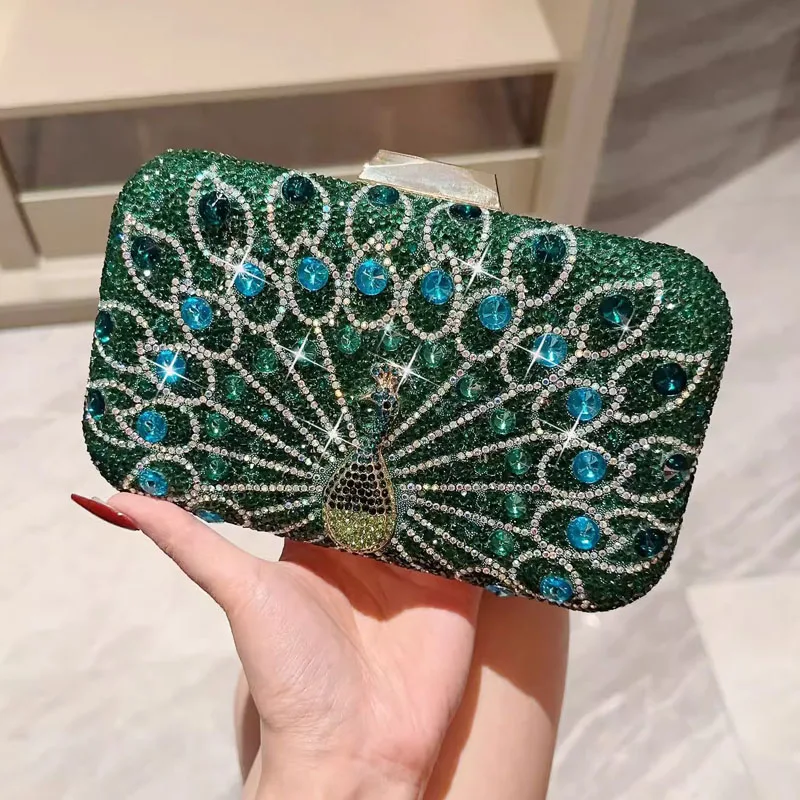 

Fashion Luxury Shining Crystal Evening Bag Green Peacock Retro Trendy Clutches For Women Chain Shoulder Bag Party Clutch Handbag