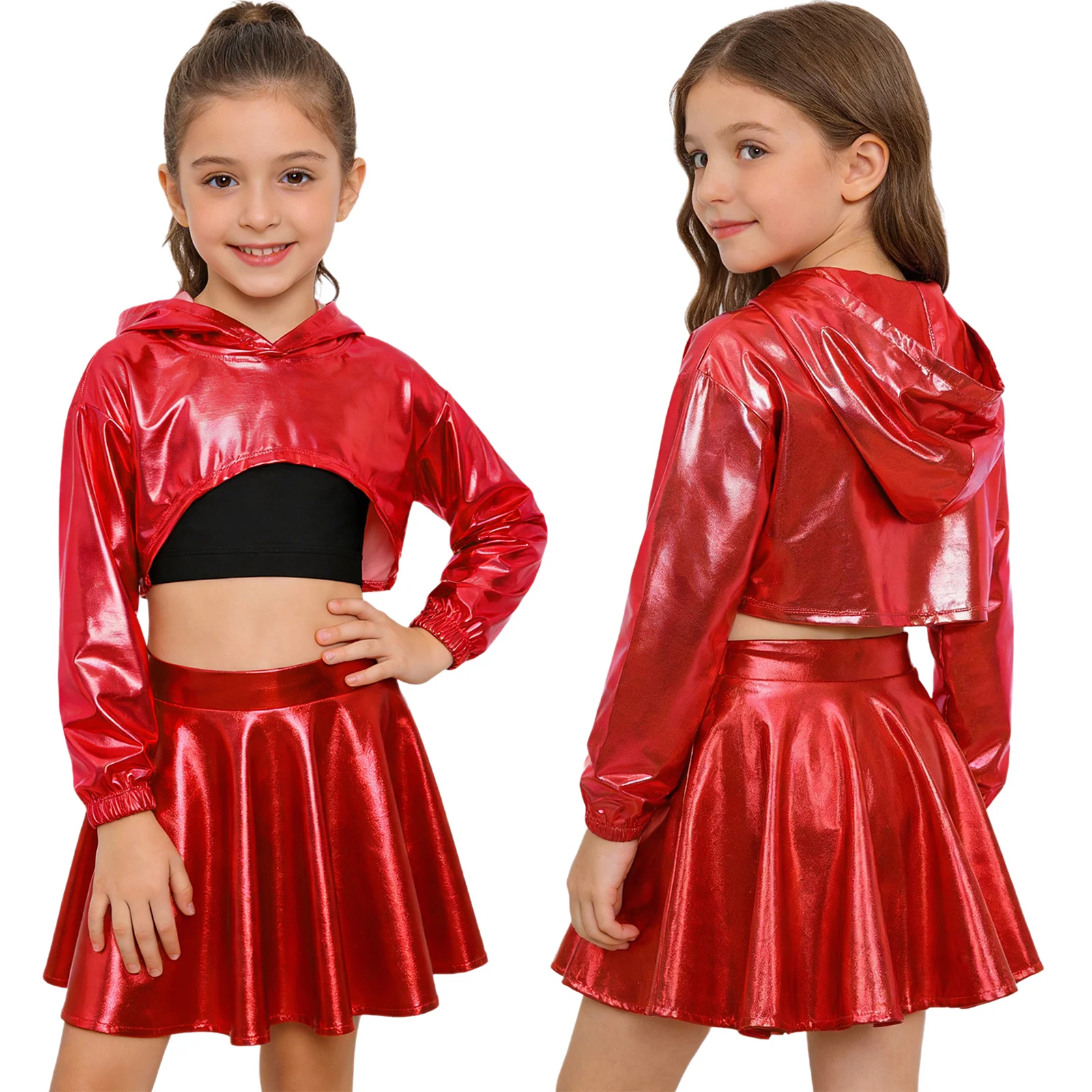 

Kids Girls Hip-Hop Jazz Dance Cheerleading Performance Costume Long Sleeve Metallic Hoodie Tops with Cropped Vest Ruffled Skirt