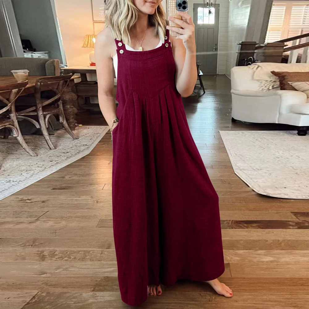 

Plus Size Women's Button Shoulder Strap Dress for Casual Wear Solid Colour Summer Best Cotton and linen loose casual one-piece w