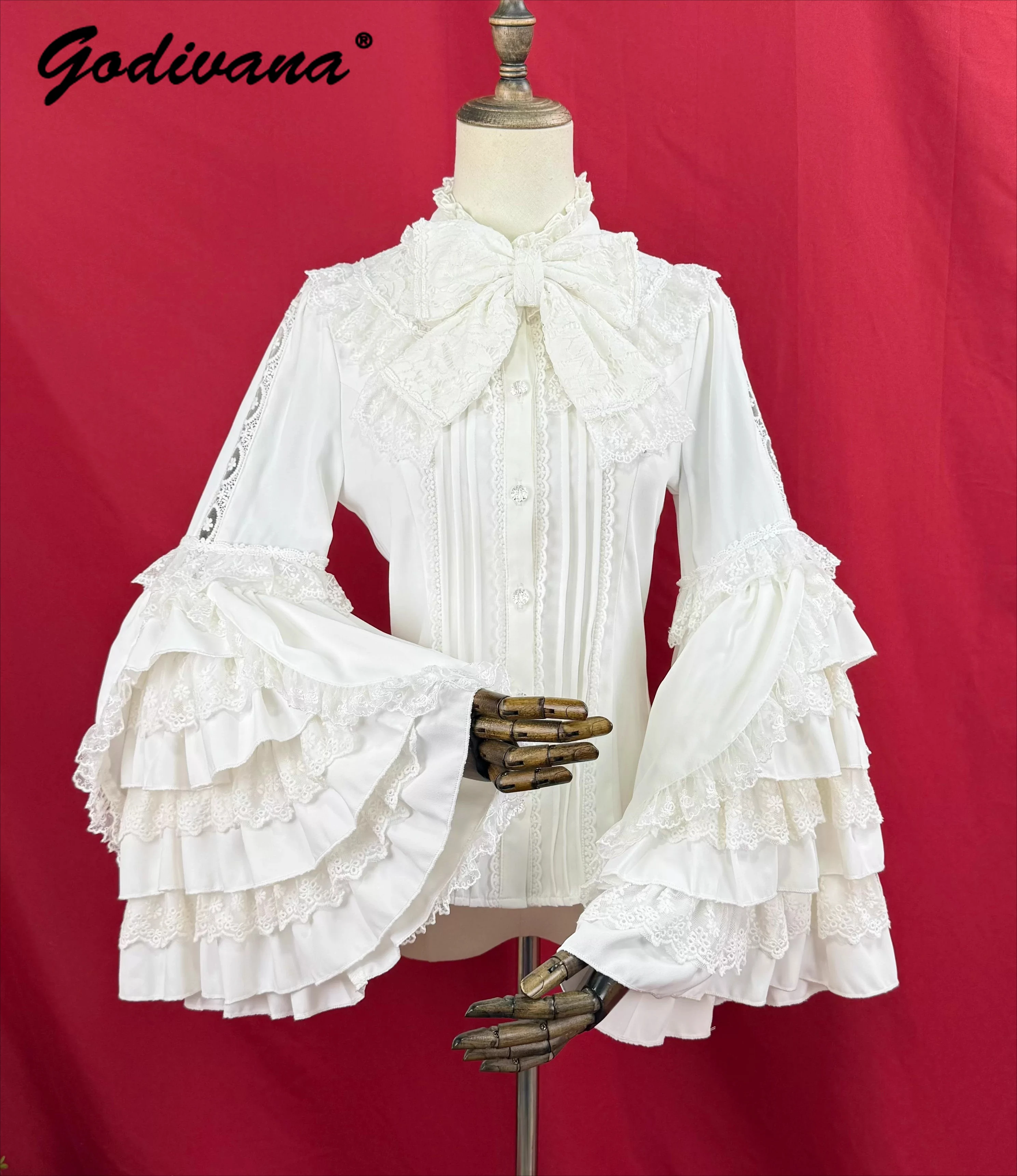 

Original New Spring Stand Collar Lace Stitching Lolita Shirt Big Sleeve Girl Women's Retro Slim Fit Inner Top Ji Sleeve Blouses