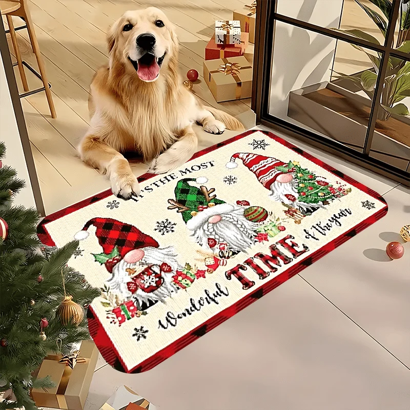 1pc 2D Flat Christmas Rug, Three Gnomes Red Plaid Border Wonderful Time Print, Machine Washable, Soft, for Entryway, Living Room