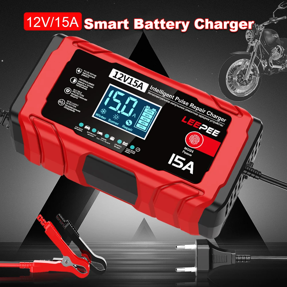 

LEEPEE 15A 12V Motorcycle Battery Chargers Maintance For Boat Motorboat Intelligent Pulse Repair RV Car Battery Chargers 150W