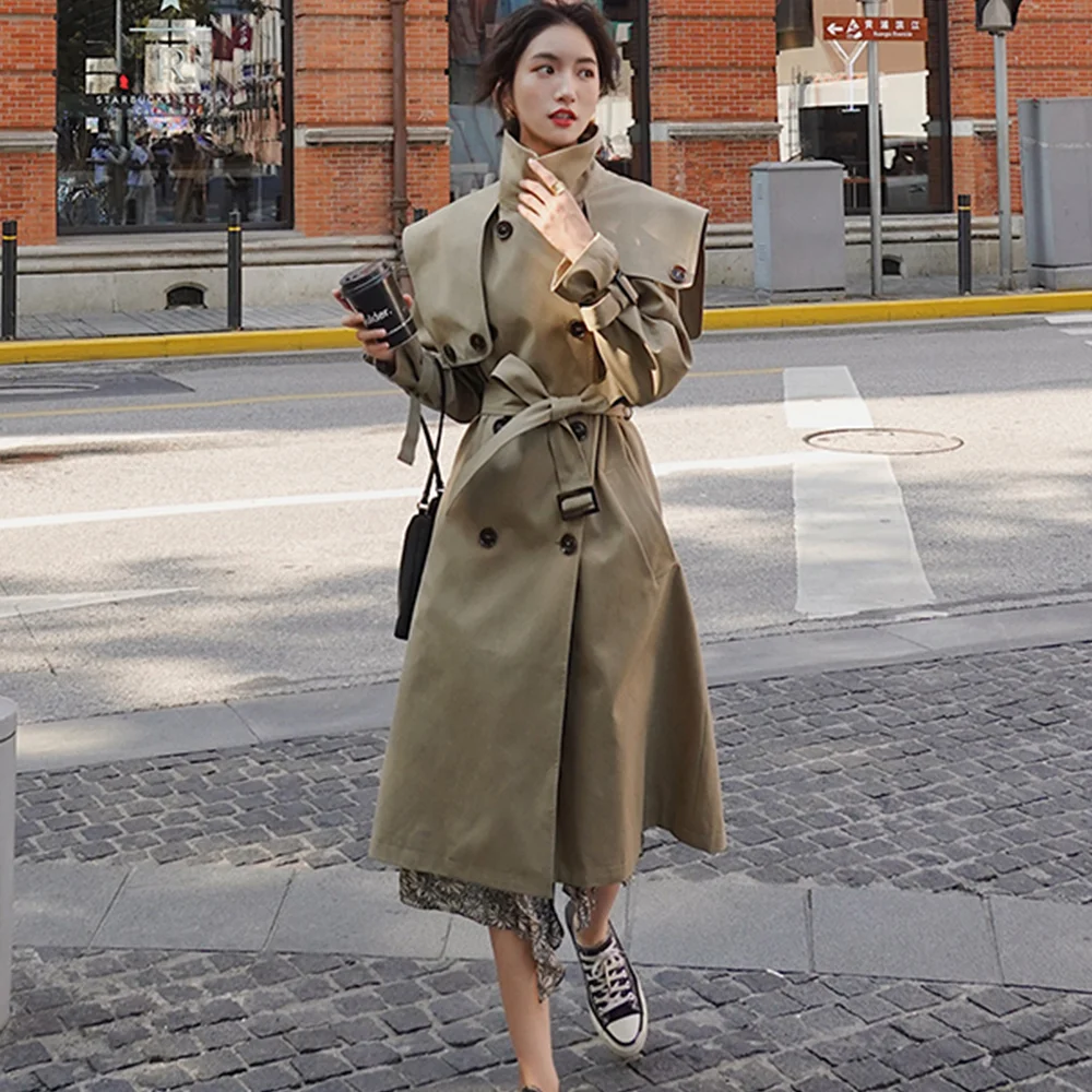 

Khaki Navy Collar Trench For Women Spring Autumn Korean Fashion Double Breasted Windbreaker Long Overcoat Female Clothing