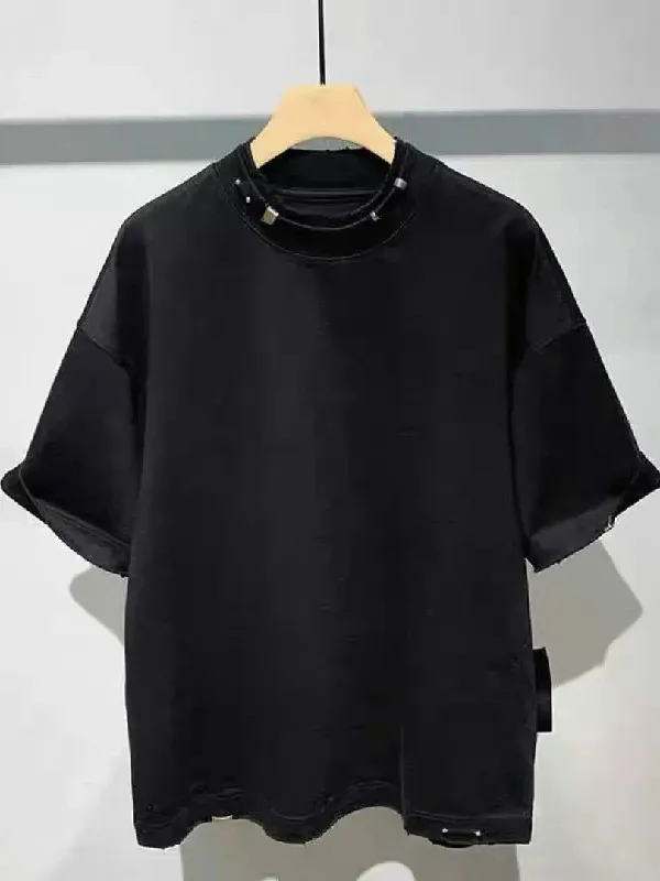 plus Size 300 Pounds Metal Buckle Design Casual Short Sleeve round Neck T-Shirt Unisex Summer Loose Fit Couple's Top
