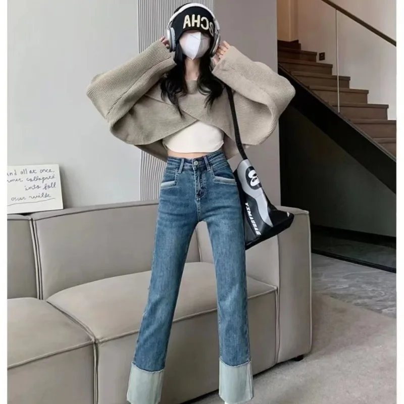 Straight Leg Jeans Women Autumn Winter Bottoms 2023 New High Waisted Slimming Cropped Pants Denim Pipe Pants Elastic Trousers