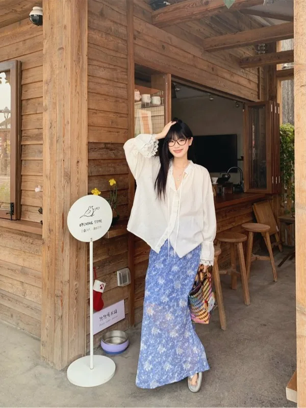 

Sweet Korean Style Women's Spring 2026 New White Long Sleeve Shirt Floral One Step Long Skirt Two Piece Set Sun Protection