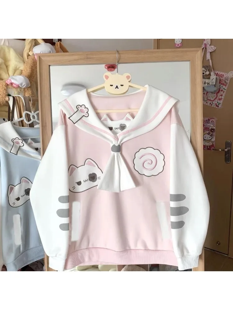 هوتشو Y2k الوردي Kawaii القط Juminocore النساء بلوزات الأزرق Cutecore بحار طوق النمط الياباني البلوفرات الحلو فضفاض Preppy