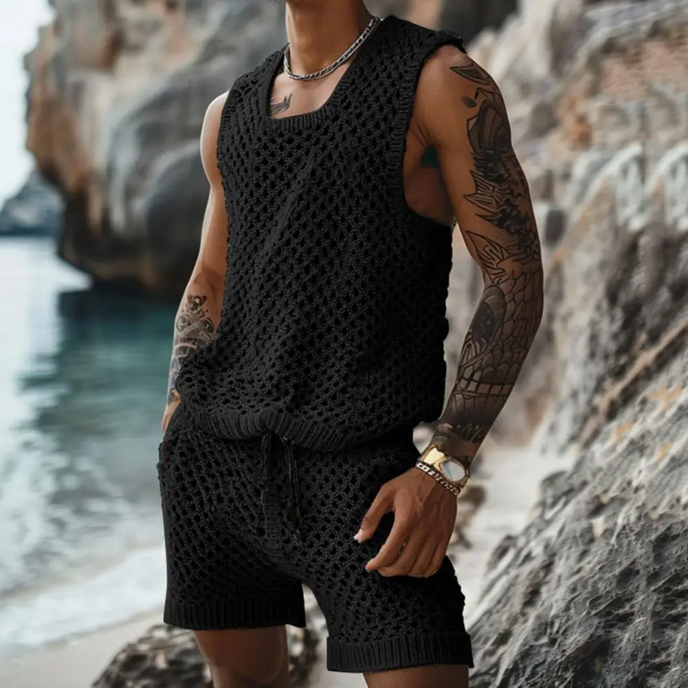 Vest Shorts Set Men\'s Casual Sleeveless Knit Top Drawstring Shorts Set for Daily Wear Elastic Waist Wide Leg Shorts for Men\'s