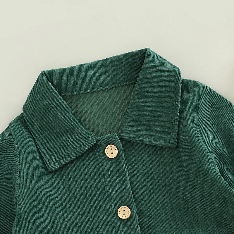 Girls Long Sleeve Corduroy Dress with Turn-down Collar and Button-down Detail in Solid Color for Autumn Winter