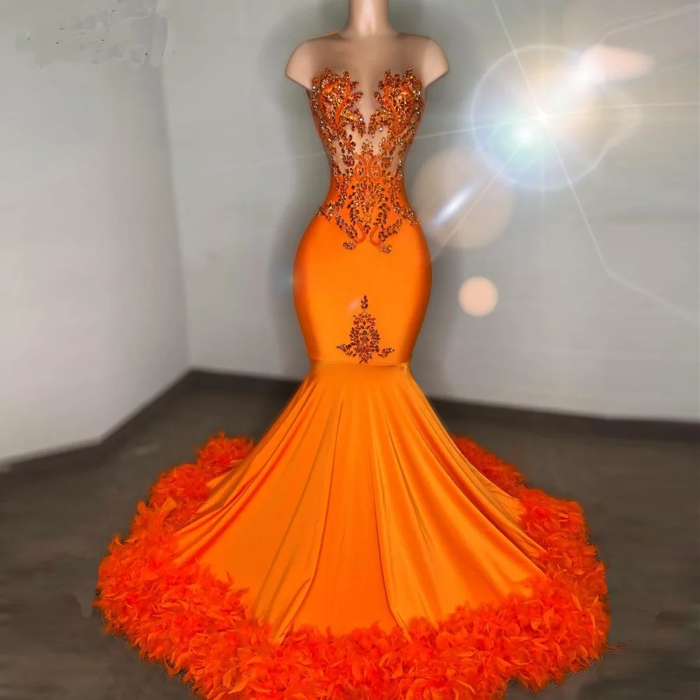 

Orange African American Prom Dresses Mermaid Sheer Feather Beaded Black Girls Robe De Soiree Evening Dresses Gown Customized