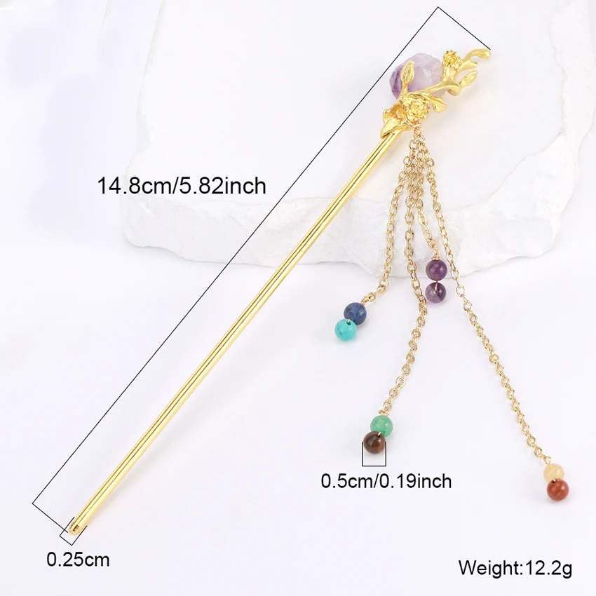 XSM horquilla de cristal de estilo chino para mujer, palo de pelo de Color dorado, Hanfu, amatista Natural, aguamarina, 7 Chakras, borla, accesorio