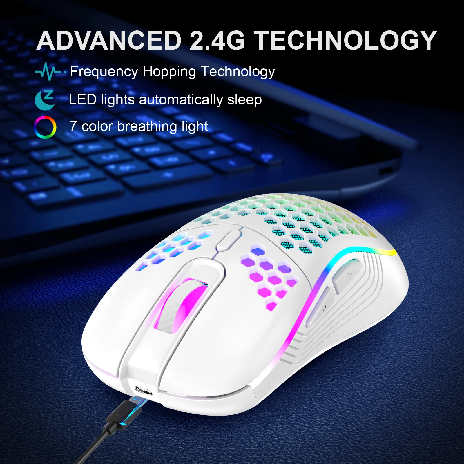 Ratón inalámbrico para juegos Honeycomb 2,4G USB ratón inalámbrico RGB ratón de juego de PC recargable con luces LED, Paracord sin arrastre, Ergon