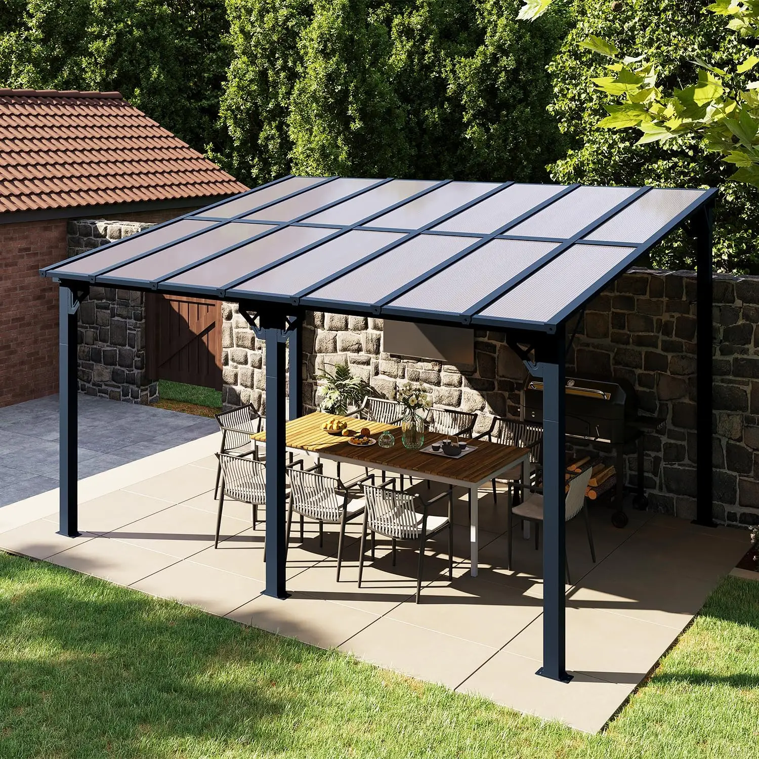14x10ft Aluminum Polycarbonate Gazebo with Sloped Roof, Outdoor Patio Lean to Pergola Awning for Backyard Porch Deck, Customized