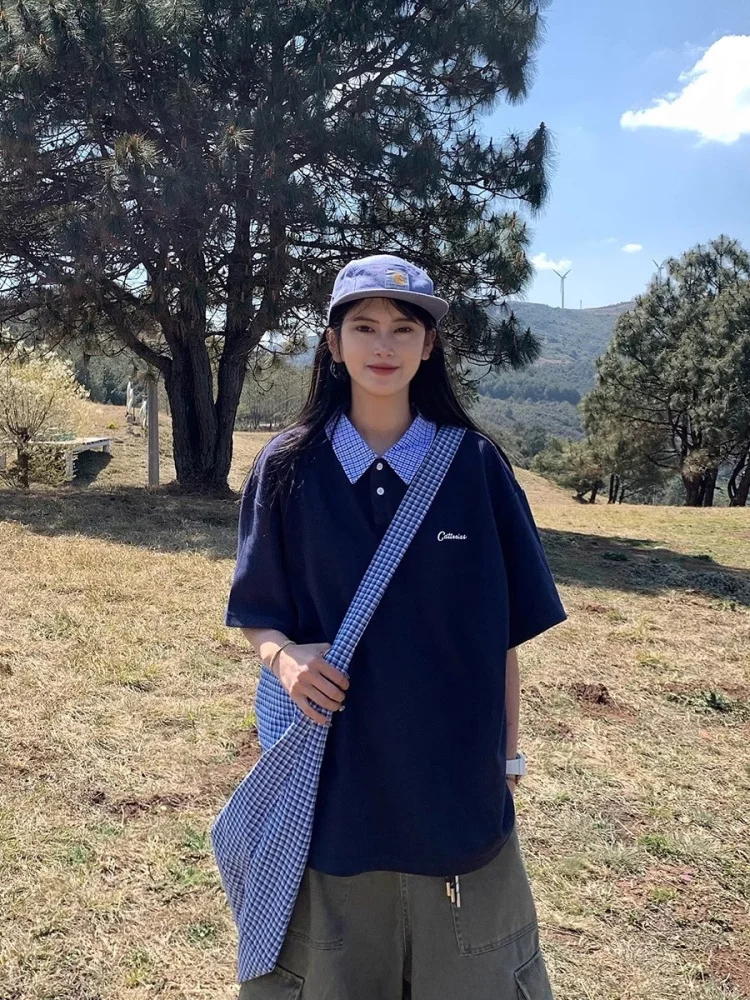 الصيف الأمريكية الرجعية كلية عادية فضفاض العصرية العلامة التجارية كاذبة قطعتين منقوشة المرقعة irt ort Sve T-irt ex