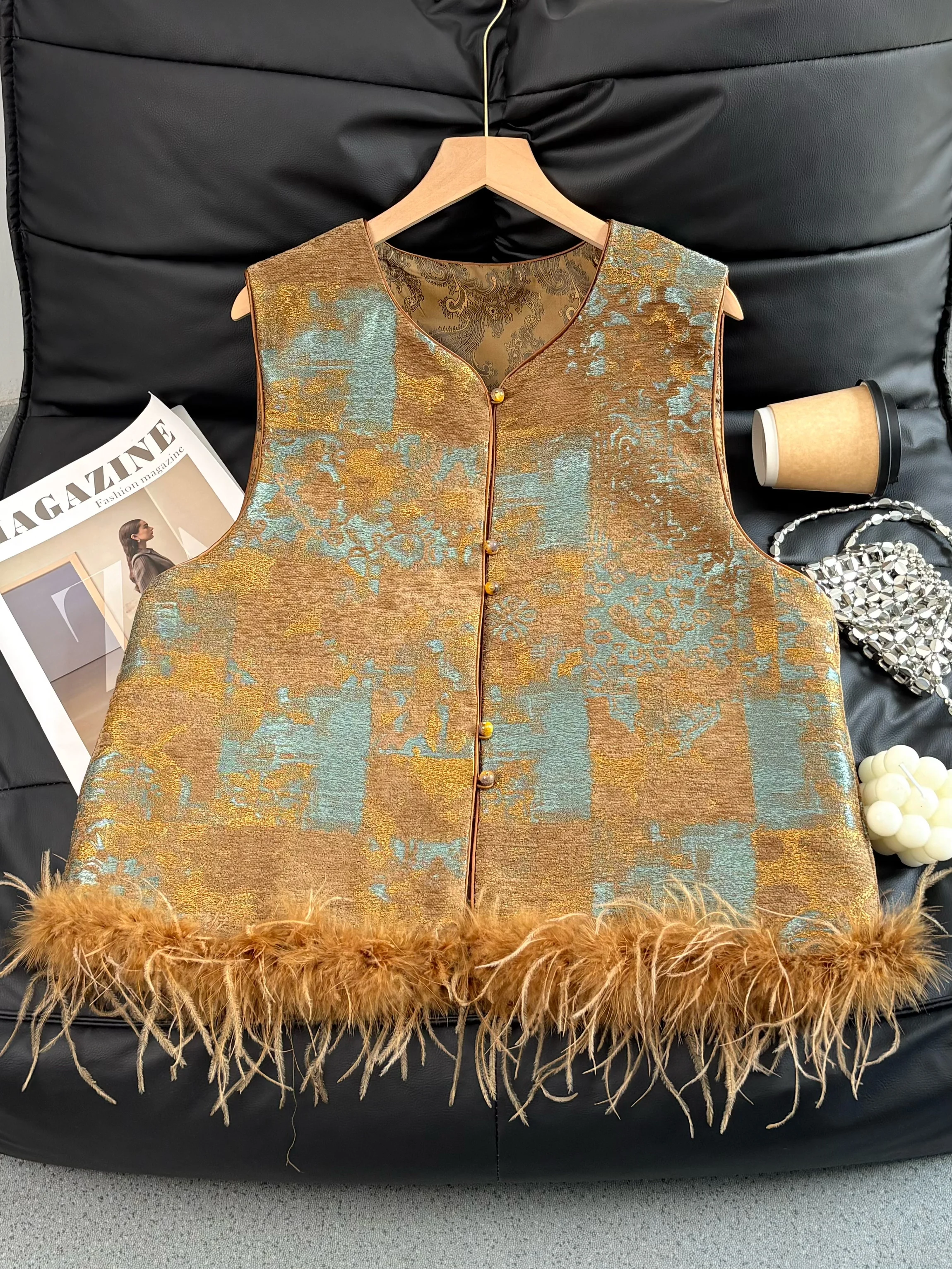 

Embellished Chenille Vest Women Opulent Oriental Style Sleeveless Top Faux Ostrich Feather Trim Evening Waistcoat