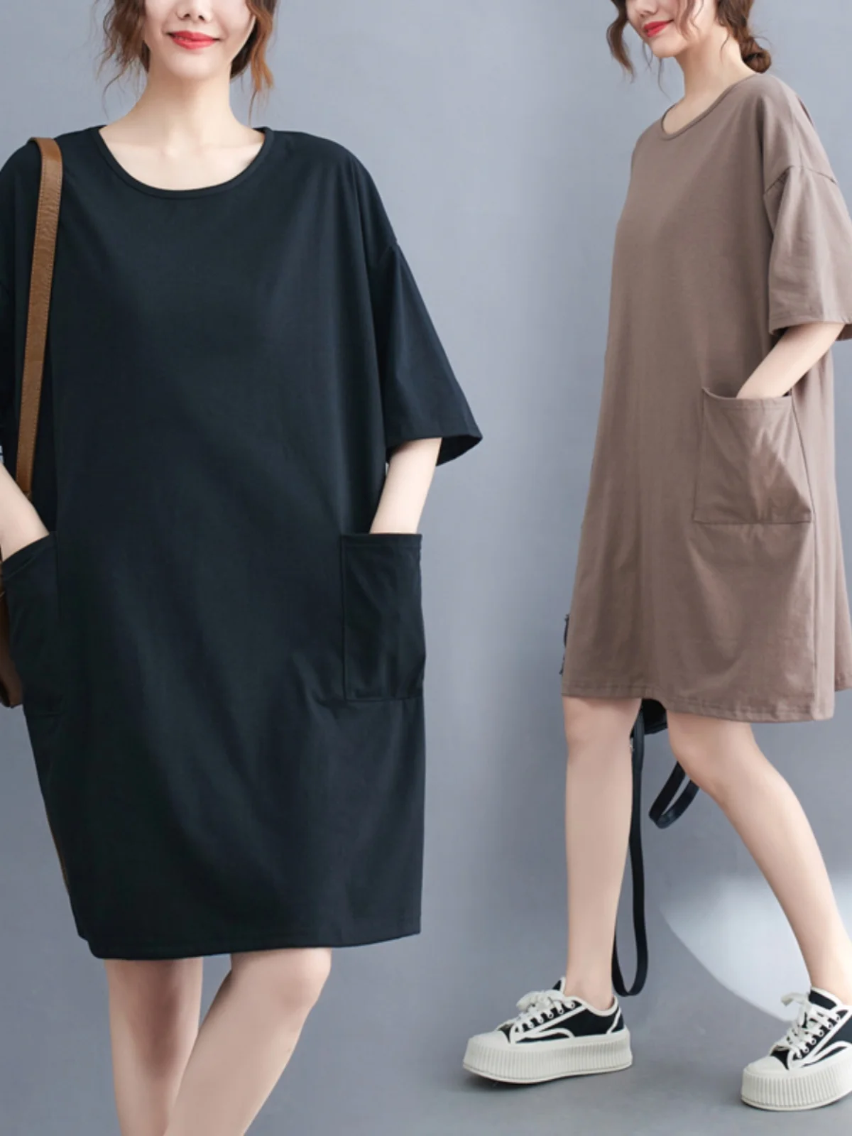 T-shirt femme grande taille Dr coréen Sle coupe ample avec kets taille moyenne jupe trapèze ort Sve rond Ne été Dr