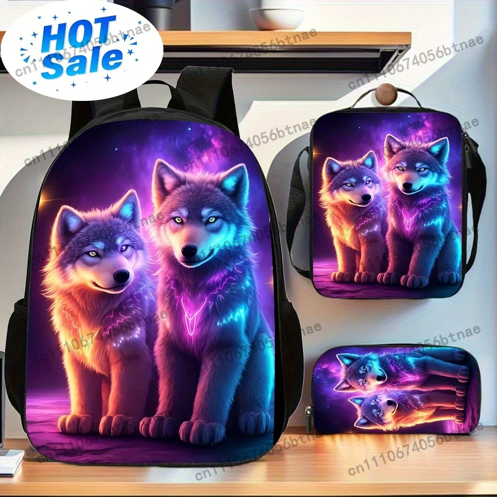 Wolf 3pcs Set High Version High Quality Backpack with Student Schoolbag Suitable, Includes Large Capacity Casual Double Shoulder