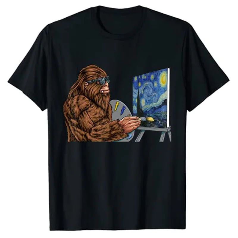 Starry Night Bigfoot Painting - Funny Sasquatch Graphic Art T-Shirt Cute Graphci Tee Tops Novelty Streetwear Aesthetic Clothes