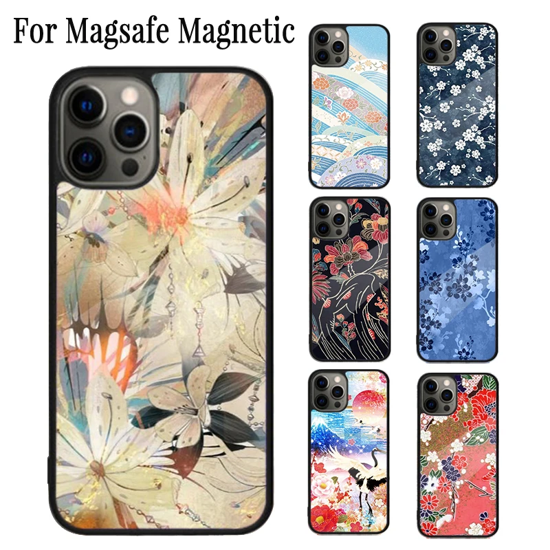 Funda de teléfono magnética con textura Floral de estilo japonés, carcasa inalámbrica Magsafe para iPhone 16, 15, 14 Plus, 13, 12, 11 Pro Max