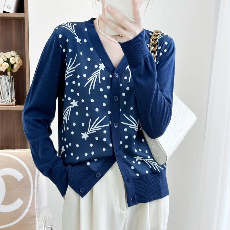 

Ordos City's new autumn thin round neck printed mulberry silk wool knitted cardigan women's patchwork sweater jacket