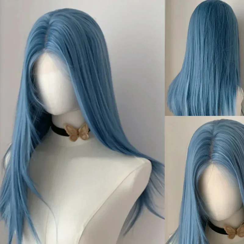 

Listen To The Wind Blue Wig for Women Headband Lace Front Wig Medium Parted Layered Long Straight Hair Lolita Synthetic Wigs