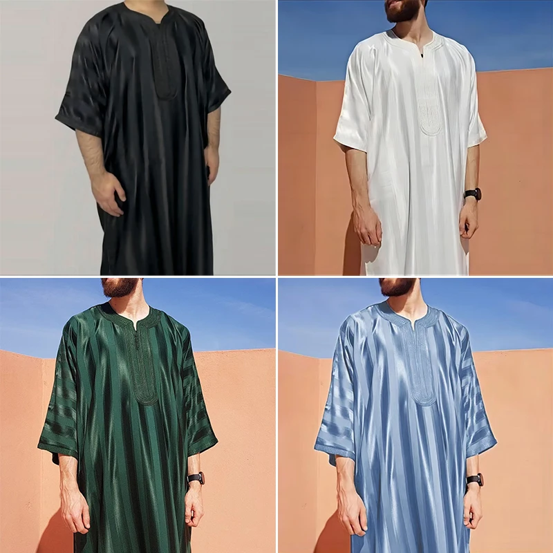 Gamis Arab Muslim Baru 2025 Jubah Kasual Tradisional Pakaian Muslim Pria Mode Musim Panas Bergaris Jacquard Warna Solid Kaftan Pria