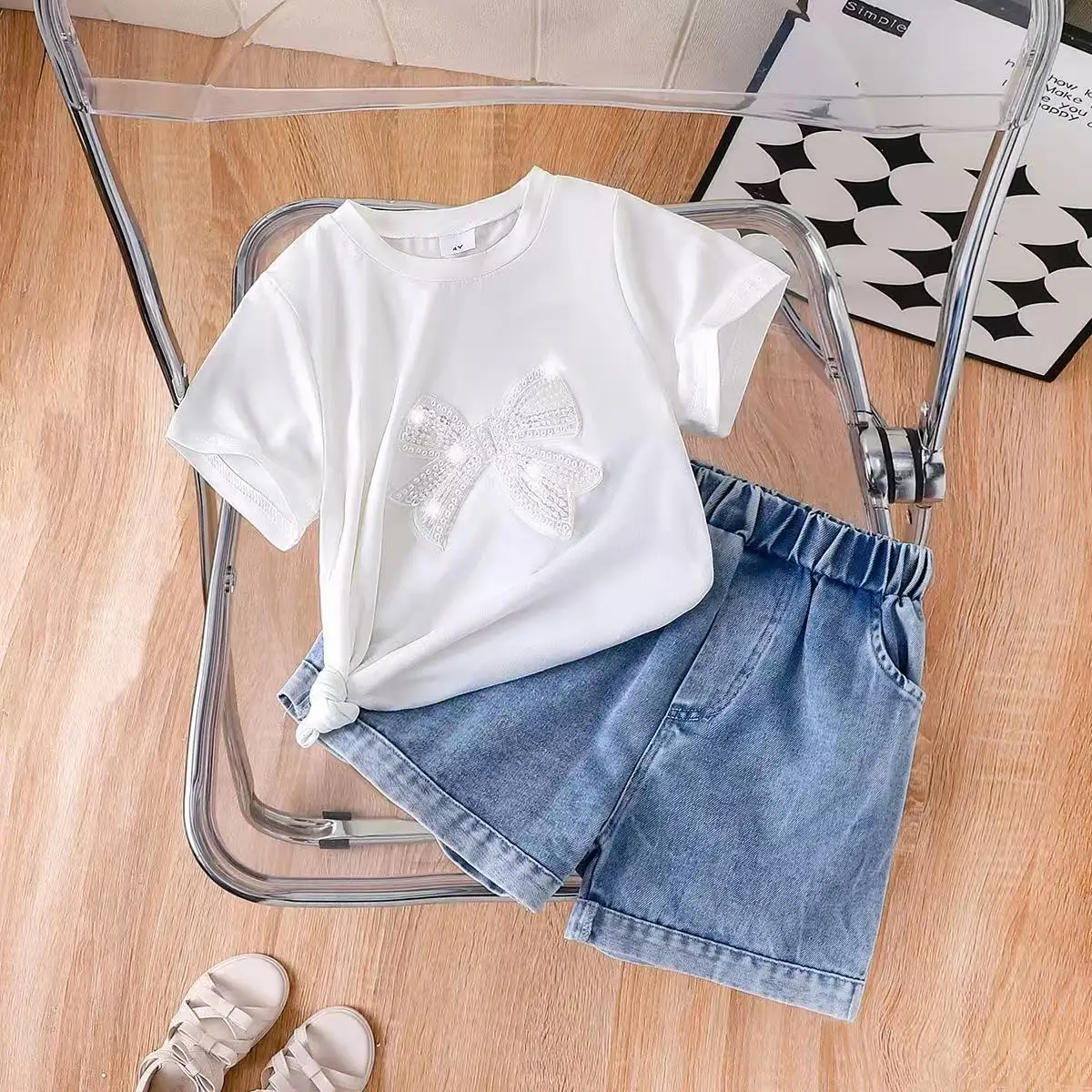 

Girls Short Sleeve + Shorts 2 Pcs Europe United States Round Neck Stereoscopic Bow Short Sleeve T-shirt Denim Shorts Summer