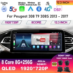 12.3 Inch Screen For Peugeot 308 T9 308S 2013 - 2017 Car Radio Video Player Stereo Android 13 GPS Navigation Multimedia Carplay