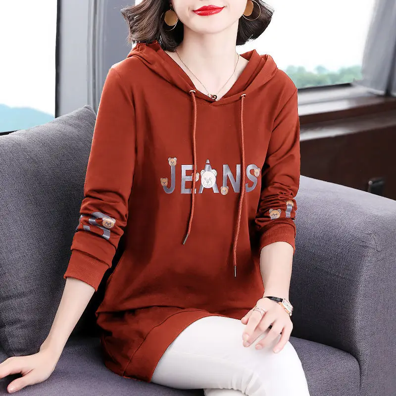 Fashion Hooded Drawstring Pullovers Spring Autumn Casual Letter Printed Cartoon Women\'s Clothing Commute Loose Midi Sweatshirts