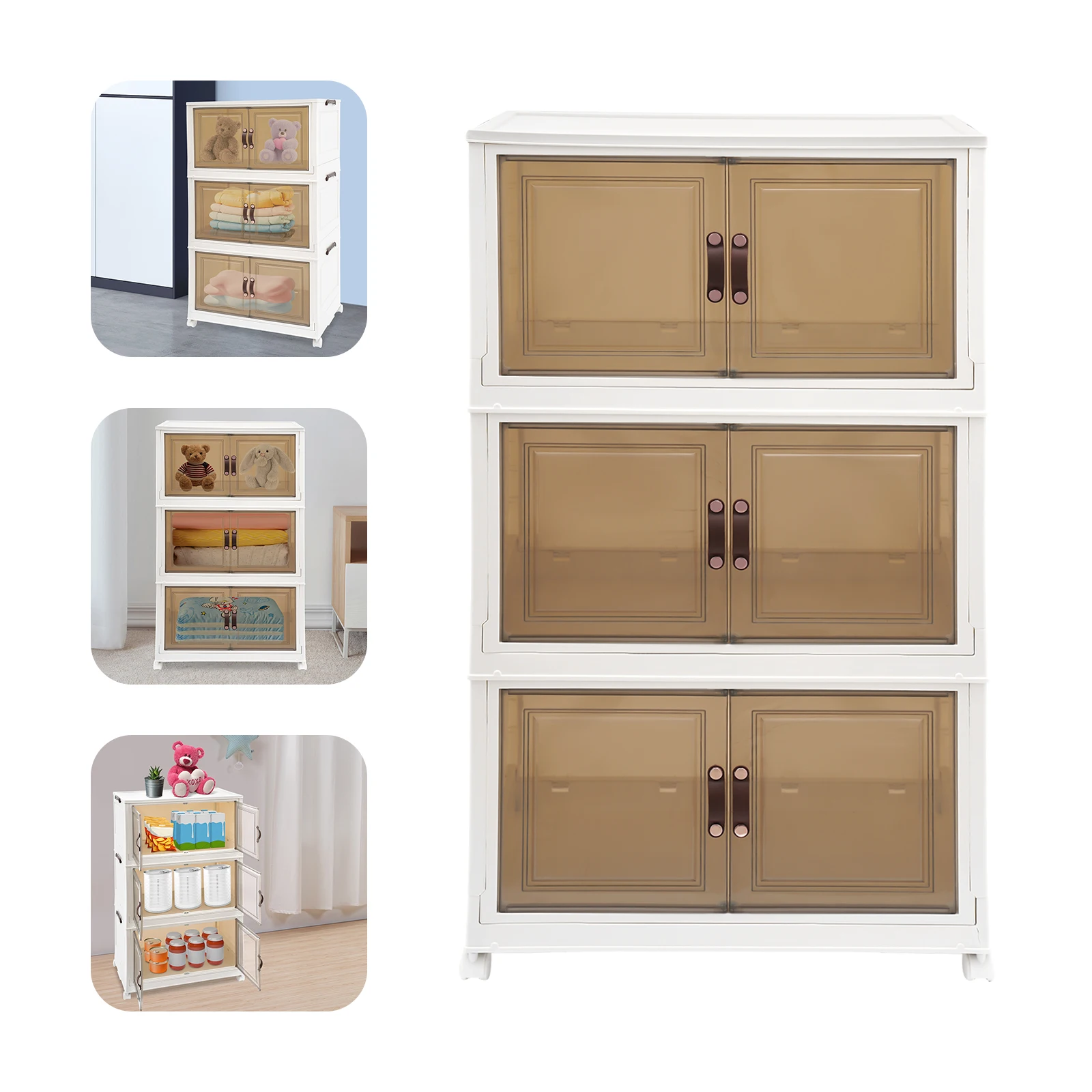 3Tier Foldable Storage Cabinet on Wheels Rolling Organizer with Clear Doors and Brakes Stackable Collapsible Container Unit Shelves for Bedroom Closet Pantry Kitchen Bathroom Garage Home Office Dorm