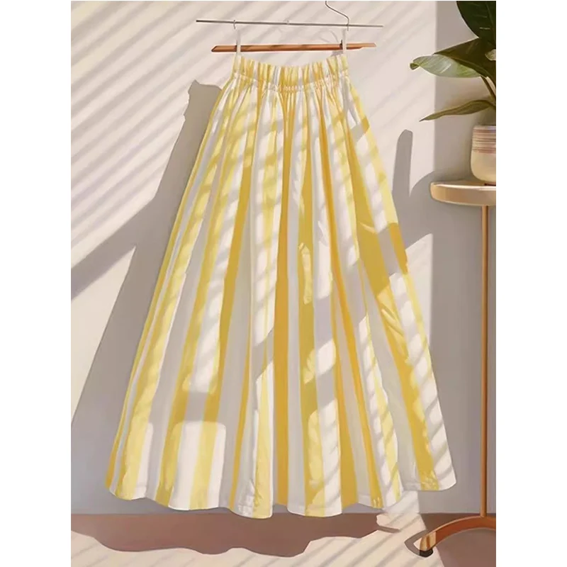 

2025 New Women Clothing Temperament Patchwork Striped Elastic Waist A-line Skirt Ladies Fashion Spring Summer High Waist Skirts