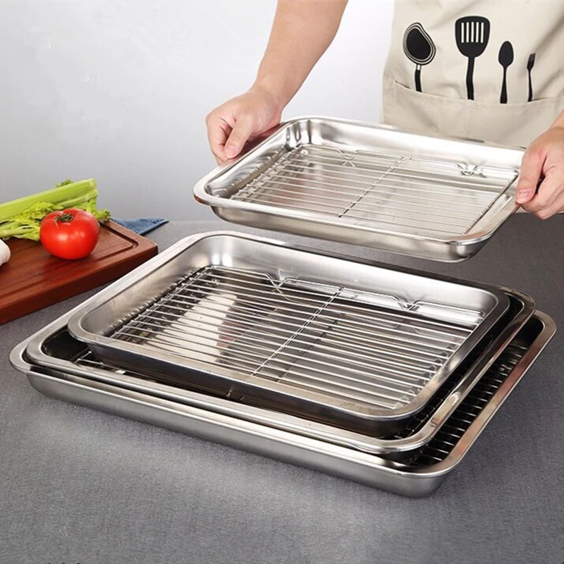 Rectangular Storage Plates Oven Baking Tray Oil Filter Pan Stainless Steel Bakeware Grid Wire Cooling Rack Kitchen Utensils