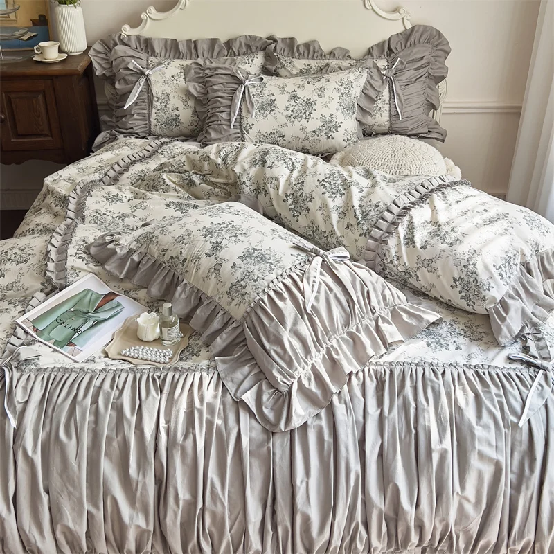 Korean Style Pleat Lace Ruffles Printing Bedding Set 100% Cotton French Vintage Flowers Duvet Cover Set Bed Sheet Pillowcases