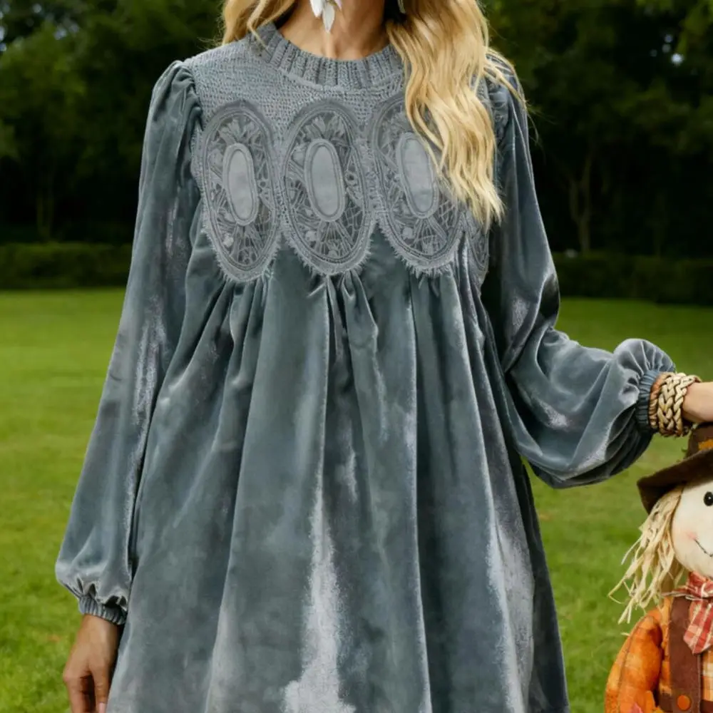 Elegant Velvet Mini Dress Women Lace Patchwork Long Sleeve Ruffle Neck Casual Skirt Spring Autumn Office Party Wear
