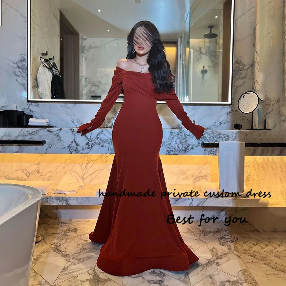 

Dusty Orange Satin Mermaid Evening Dresses Off Shoulder 3/4 Sleeve Formal Dress Arabian Dubai Prom Party Gown Lace Up Back